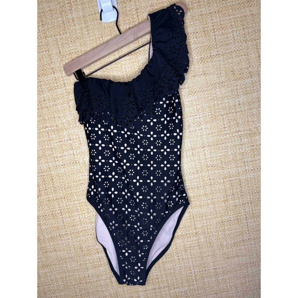 J.Crew Womens Black Eyelet One Shoulder Ruffle One Piece Swimsuit Size 4